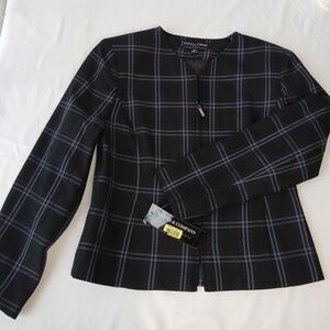 Kasper ASL Petite Black Plaid Wool Shiraz Blazer Jacket Size 8P Zip Up Lined NWT